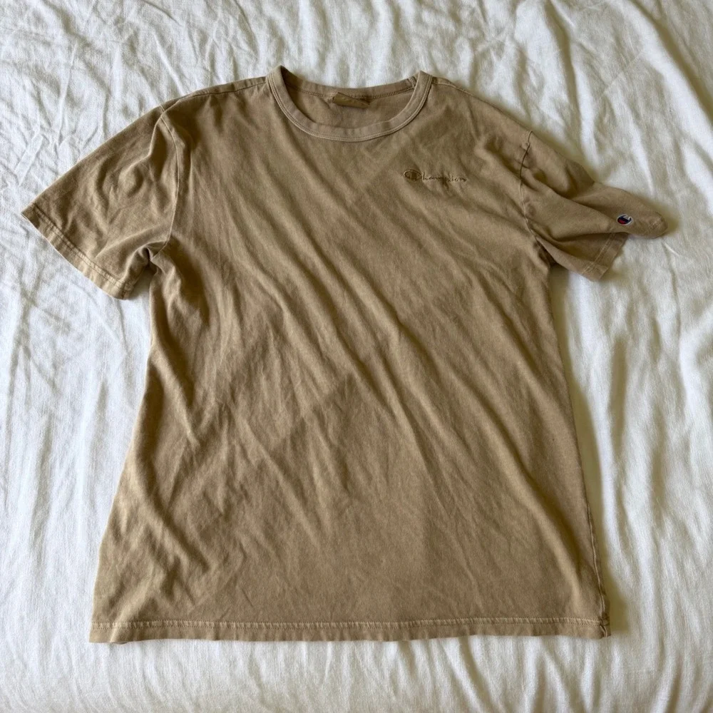 90's Champion T-Shirt Medium Tan Brown Embroidered Script Logo Short Sleeve Tee - Picture 5 of 7